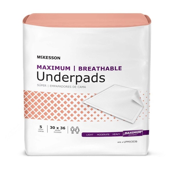 Mckesson Underpads, Heavy Absorbency, 30 in. x 36 in., White, 5PK UPMX3036 - main